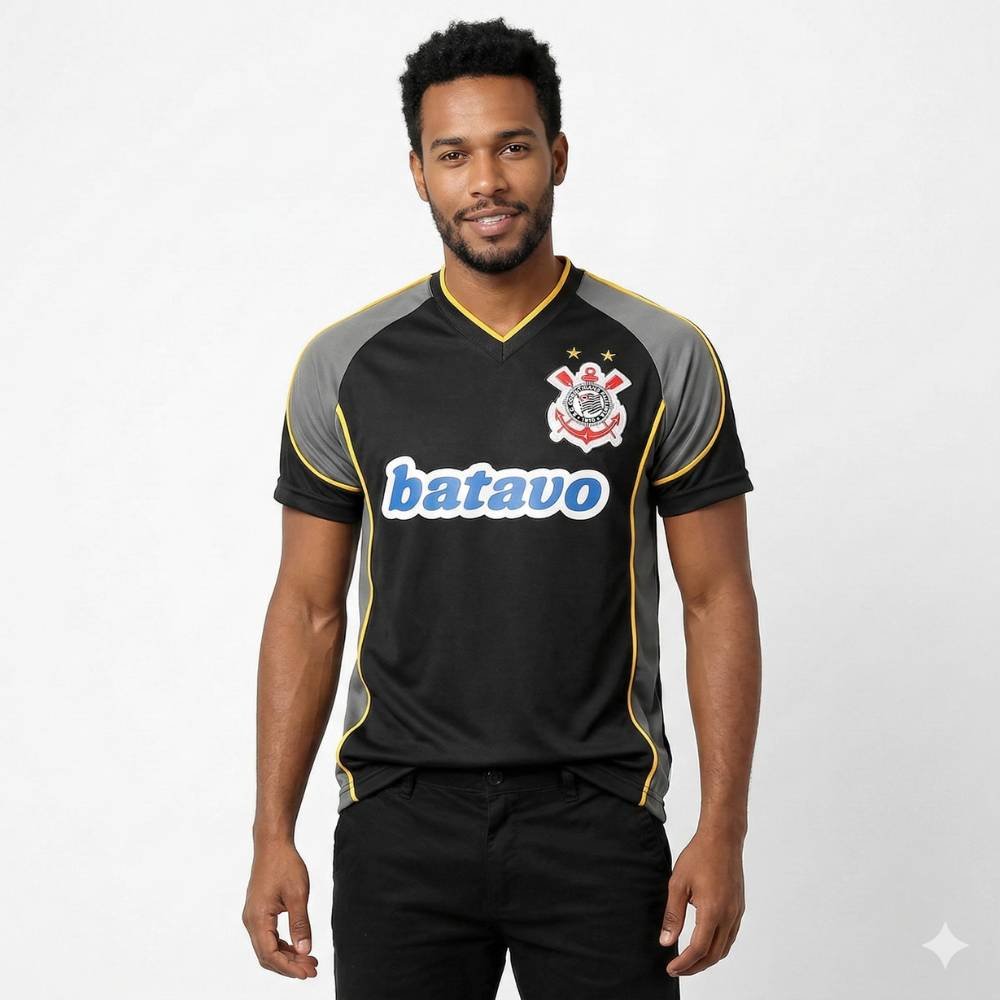 Camisa Corinthians Retrô 1999 Home Batavo Masculina - Preta, Cinza e Branca