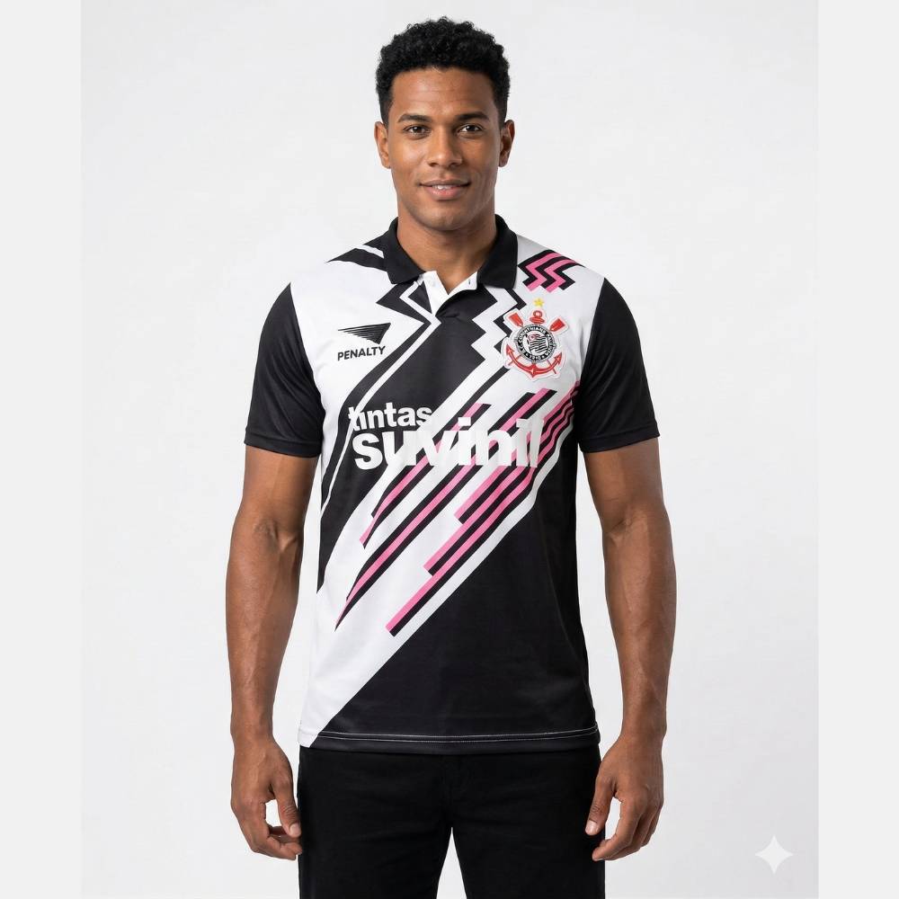 Camisa Corinthians Retrô 1995/96 Penalty Masculina - Preta, Branca e Rosa